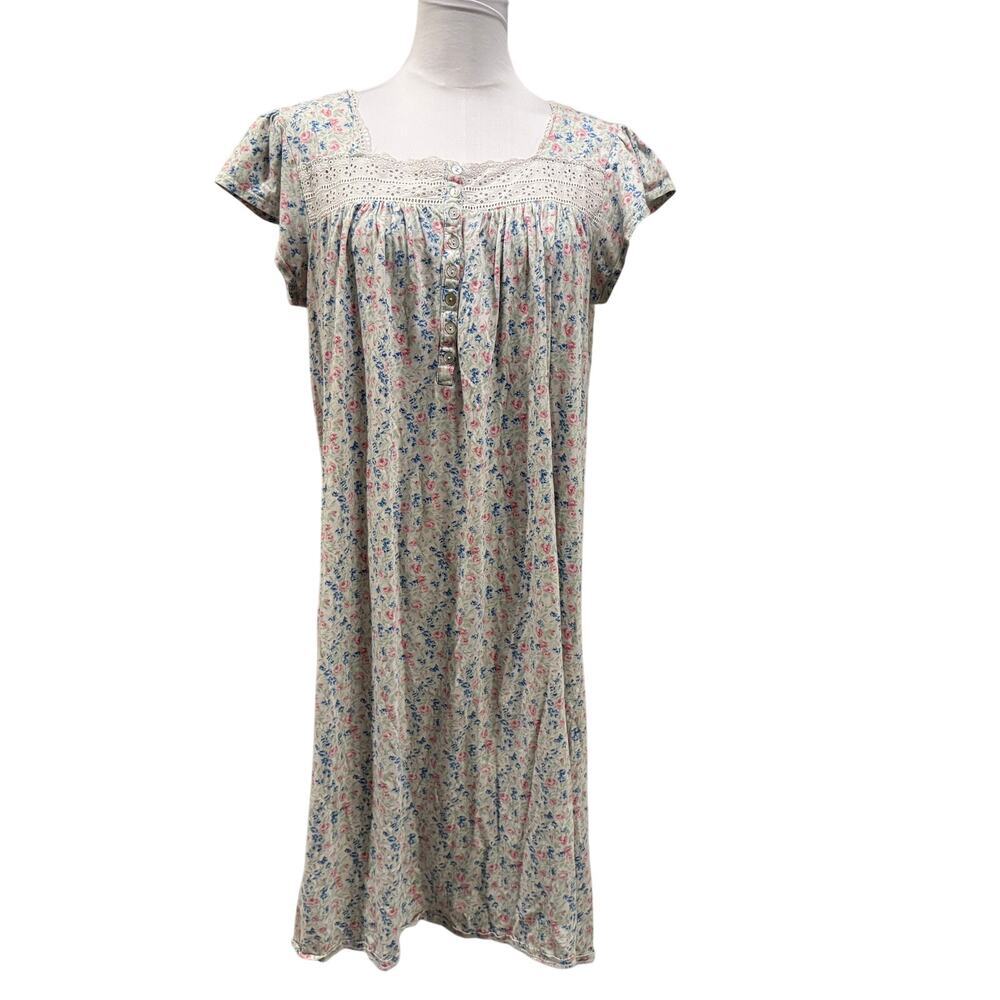Eileen West Floral Cotton Nightgown Cottagecore Lace Trim Midi Large Lounge